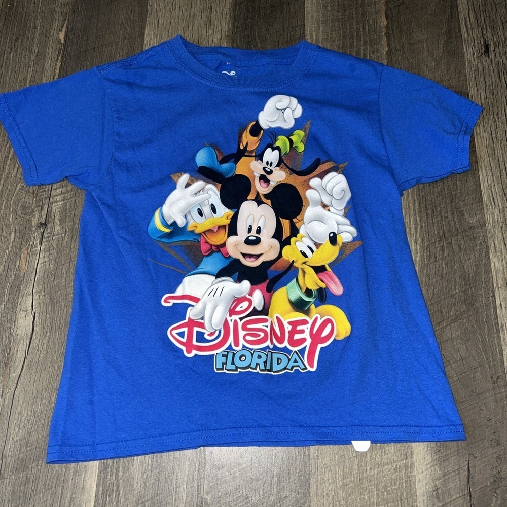 Disney Florida Blue T-Shirt W/ Mickey Donald Goofy & Pluto Graphic Print YouthXS